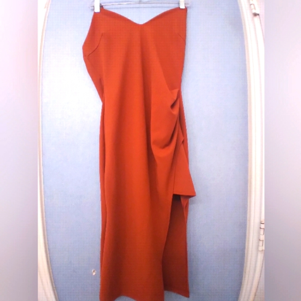 Rust Orange Draped Side Slit Midi Dress Criss Cross Back V-Neck Cocktail Dress